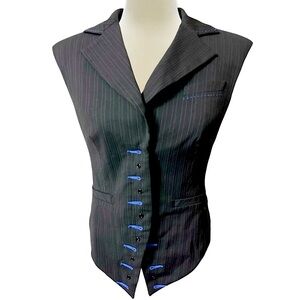 Bebe pinstriped vest black with blue stitching hidden button closer small EUC